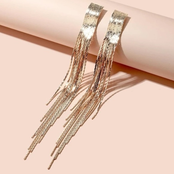 Gold Metal Tassel Dangle Earrings - Picture 2 of 3